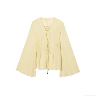 Women's Elegant Light Yellow Chiffon Blouse V-Neck Lace-Up Top Long Flare Sleeve Shirt With Metal Beads Retro Chic Celebrity Style Blouse For Daily Dating Women Clothing