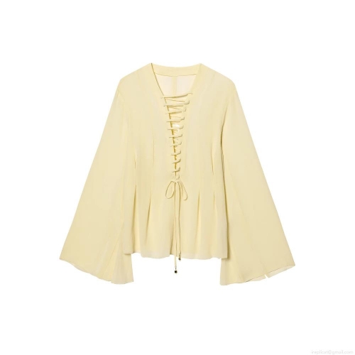 Women's Elegant Light Yellow Chiffon Blouse V-Neck Lace-Up Top Long Flare Sleeve Shirt With Metal Beads Retro Chic Celebrity Style Blouse For Daily Dating Women Clothing