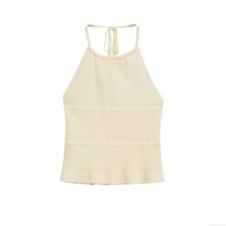 Women's Sexy Halter Neck Knitted Camisole Top Ruffled Hem Backless Crochet Tank Top For Summer Vacation Beach Sweet Solid Color Crop Top