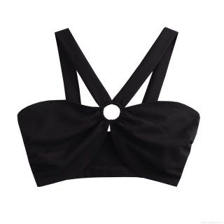 Women Sexy Criss Cross Halter Tank Top Metal Ring Ruched Backless Crop Top Sleeveless Slim Fit Polyester Blend Cami Top For Summer Party Clubwear Fashion