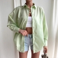 Women Ruched Blouse 100% Polyester Side Drawstring Long Sleeve Light Green Shirt Casual Loose Button Down Top For Lady
