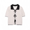 Women Casual Crochet Knit Polo Shirt Top Hollow Out Bow Tie Short Sleeve T-Shirt Contrast Color Scalloped Edge Pullover Streetwear