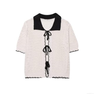 Women Casual Crochet Knit Polo Shirt Top Hollow Out Bow Tie Short Sleeve T-Shirt Contrast Color Scalloped Edge Pullover Streetwear