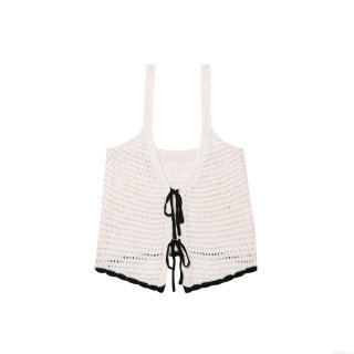 Women's Sexy Crochet Knit Tank Top Ivory White With Black Trim Bow Tie Front Hollow Out Camisole For Beach Vacation Summer Streetwear Boho Crop Top