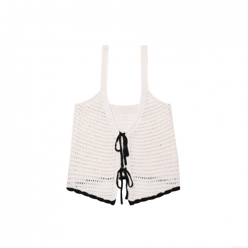 Women's Sexy Crochet Knit Tank Top Ivory White With Black Trim Bow Tie Front Hollow Out Camisole For Beach Vacation Summer Streetwear Boho Crop Top