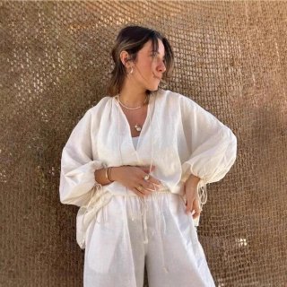 Women's Casual Slub Linen Style Blouse Solid White Polyester Long Lantern Sleeve Shirt With Tie Neck Drawstring Cuff Top For Office Daily Spring Autumn