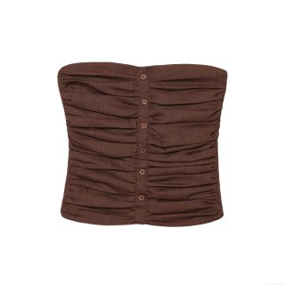 Women Sexy Ruched Tube Top Strapless Polyester Linen Blend Corset Top With Front Buttons Solid Color Slim Fit Chic Crop Top For Party Dating Daily Summer