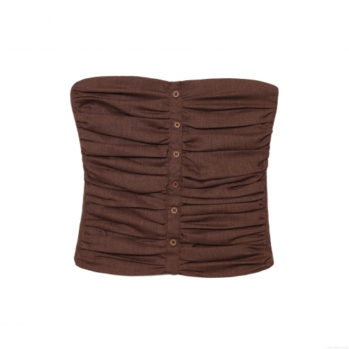 Women Sexy Ruched Tube Top Strapless Polyester Linen Blend Corset Top With Front Buttons Solid Color Slim Fit Chic Crop Top For Party Dating Daily Summer