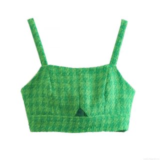 Women's Sexy Green Tweed Crop Top Hollow Out Spaghetti Strap Cami Tank Top With Back Metal Zipper Sexy Streetwear Summer Sleeveless Top