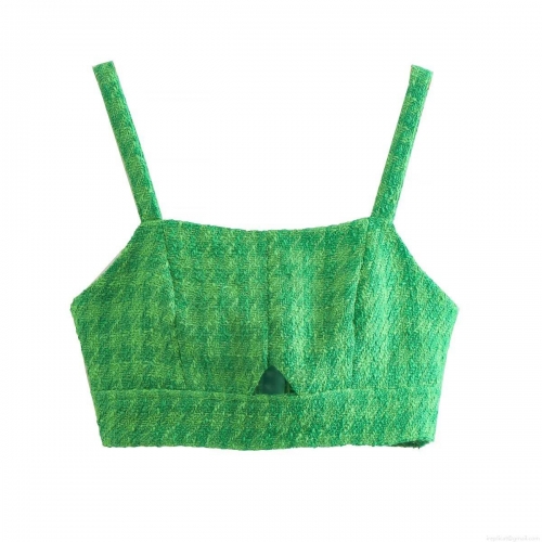 Women's Sexy Green Tweed Crop Top Hollow Out Spaghetti Strap Cami Tank Top With Back Metal Zipper Sexy Streetwear Summer Sleeveless Top