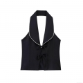 Women Halter Vest Top Polyester Blend Contrast Piping Bow Tie Up Front Sleeveless V Neck Crop Top For Party Dating Sexy Socialite Style Slim Fit Backless Waistcoat