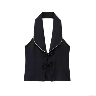 Women Halter Vest Top Polyester Blend Contrast Piping Bow Tie Up Front Sleeveless V Neck Crop Top For Party Dating Sexy Socialite Style Slim Fit Backless Waistcoat