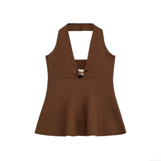 Women's Sexy Halter Neck Knit Top With Gold Metal Buckle Backless Ruffle Peplum Hem Solid Color Sleeveless Slim Fit Polyester Mercerized Cotton Party Top