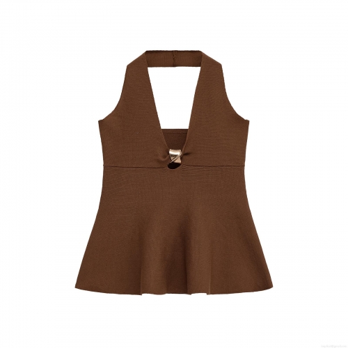 Women's Sexy Halter Neck Knit Top With Gold Metal Buckle Backless Ruffle Peplum Hem Solid Color Sleeveless Slim Fit Polyester Mercerized Cotton Party Top