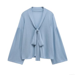 Women's V Neck Lantern Sleeve Tie Front Knit Blouse Elegant Solid Color Semi-transparent Shirt Top for Spring Fashion Casual Dating Lady