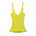 Women's Neon Green Crochet Knit Tank Top Sexy V-Neck Hollow Out Ruffle Hem Sleeveless Cami Top Summer Beach Holiday Sweet Slim Fit Knitwear for Women