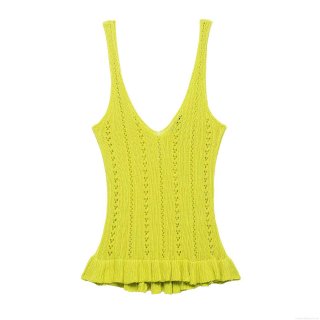 Women's Neon Green Crochet Knit Tank Top Sexy V-Neck Hollow Out Ruffle Hem Sleeveless Cami Top Summer Beach Holiday Sweet Slim Fit Knitwear for Women