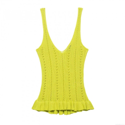 Women's Neon Green Crochet Knit Tank Top Sexy V-Neck Hollow Out Ruffle Hem Sleeveless Cami Top Summer Beach Holiday Sweet Slim Fit Knitwear for Women