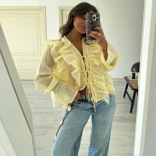 Women's Pale Yellow Tiered Ruffle Blouse Vintage Tie-Front Long Flare Sleeve Sheer Chiffon Top For Dating Daily Wear