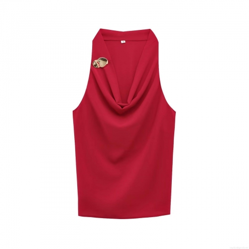 Women's Elegant Draped Neck Red Tank Top With Gold Metal Accents Sexy Sleeveless Slim Fit Polyester Blouse For Party Clubwear Summer Daily Wear