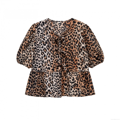 Women's Fashion Leopard Print Chiffon Blouse With Three Front Bow Ties Elegant Puff Short Sleeve Peplum Hem Ruffle Top For Casual Party Street Wear