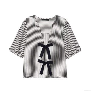 Women Fashion Black White Striped Blouse Bow Tie V Neck Puff Short Sleeve Seersucker Shirt Top Casual Sweet Blouse For Lady