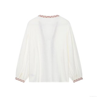 Women's Embroidered White Blouse 100% Polyester Long Sleeve V Neck Shirt Vintage Ethnic Geometric Floral Embroidery Tops Casual Daily Spring Autumn