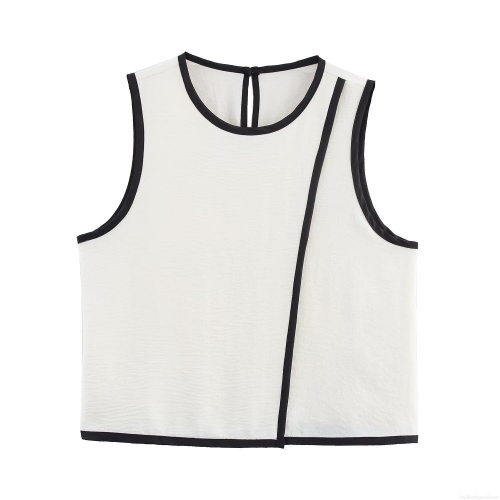 Women's Sleeveless Crepe Top With Contrast Trim Elegant Round Neck Polyester Vest For Summer Casual Streetwear Daily Wear Clothing