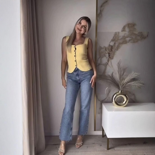 Women's Yellow Knit Tank Top Slim Fit Ribbed Sleeveless Vest With Metal Buttons Elegant U-Neck Polyester Knitwear For Summer Daily Vacation Fashion Lady Top