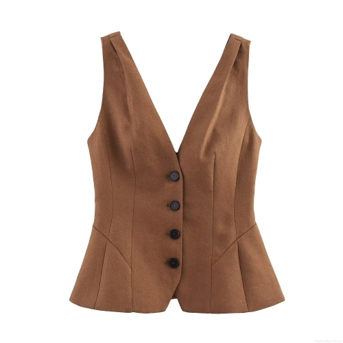 Women's Deep V-Neck Peplum Waistcoat Vest Button Down Linen Blend Slim Fit Solid Color Tank Top For Party Date Elegant Socialite Style Brown