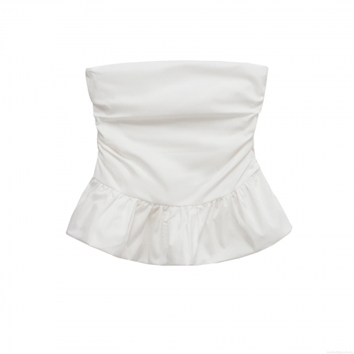 Women's White Strapless Tube Top With Ruffle Trim Pleated Poplin Fabric Slim Fit Bandeau Crop Top For Summer Party Daily Wear