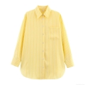 Women Casual Yellow White Vertical Striped Shirt Long Sleeve Button Down Blouse With Chest Pocket Loose Fit Soft Polyester Tops For Daily Vacation Spring Autumn Lady