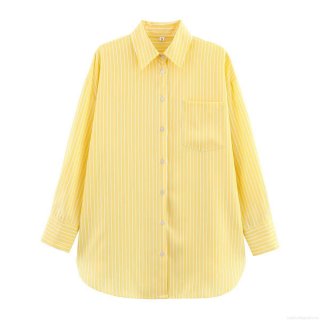 Women Casual Yellow White Vertical Striped Shirt Long Sleeve Button Down Blouse With Chest Pocket Loose Fit Soft Polyester Tops For Daily Vacation Spring Autumn Lady