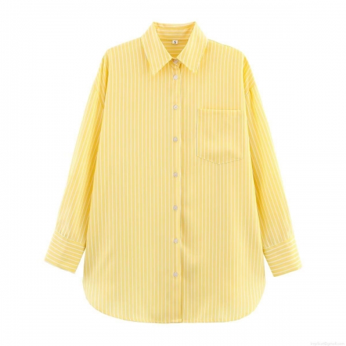 Women Casual Yellow White Vertical Striped Shirt Long Sleeve Button Down Blouse With Chest Pocket Loose Fit Soft Polyester Tops For Daily Vacation Spring Autumn Lady