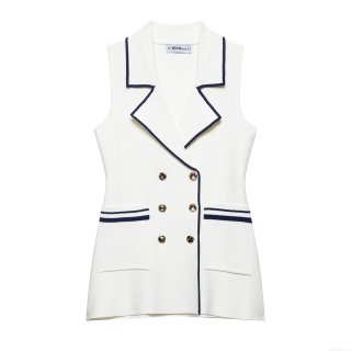 Elegant Knitted Vest For Women Contrast Trim Double Breasted Gold Buttons Sleeveless Waistcoat Preppy Style Office Wear Knit Top Cardigan