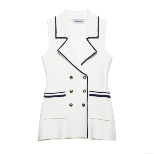 Elegant Knitted Vest For Women Contrast Trim Double Breasted Gold Buttons Sleeveless Waistcoat Preppy Style Office Wear Knit Top Cardigan