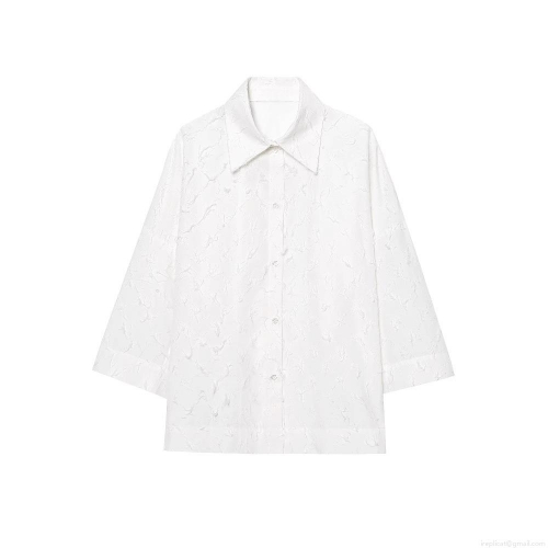 Women's White Long Sleeve Blouse Elegant 3D Feather Texture Jacquard Shirt Single Breasted Lapel Collar Button Up Casual Office Streetwear Chic Top