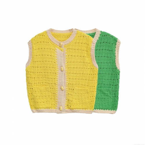 Women's Casual Knitted Vest Top Retro Single Breasted Round Neck Sleeveless Cardigan Polyester Hollow Out Color Block Waistcoat For Spring Autumn Daily Wear