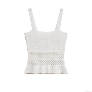 Women's Knit Tank Top Crochet Hollow Out Ruffle Hem Sleeveless Vest Top French Style Slim Fit Camisole For Summer Dating Party