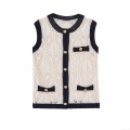 Women's Hollow Knit Vest Mercerized Cotton Contrast Trim Sleeveless Top With Gold Buttons Elegant Retro Chanel Style Slim Tank For Ladies
