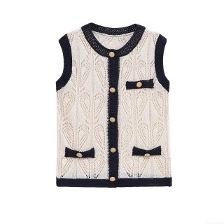 Women's Hollow Knit Vest Mercerized Cotton Contrast Trim Sleeveless Top With Gold Buttons Elegant Retro Chanel Style Slim Tank For Ladies