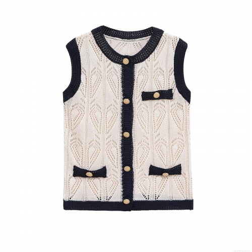 Women's Hollow Knit Vest Mercerized Cotton Contrast Trim Sleeveless Top With Gold Buttons Elegant Retro Chanel Style Slim Tank For Ladies
