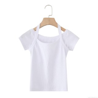 Women's Sexy Ribbed Cotton Blend Halter Neck Layered Off-Shoulder Short Sleeve Crop Top Slim Fit Solid White Knitted T-Shirt Summer Streetwear