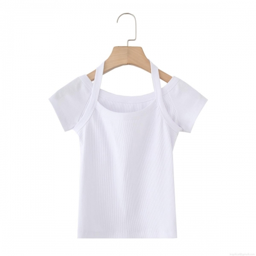 Women's Sexy Ribbed Cotton Blend Halter Neck Layered Off-Shoulder Short Sleeve Crop Top Slim Fit Solid White Knitted T-Shirt Summer Streetwear