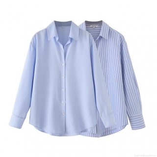 Women's Classic Blue And White Striped Long Sleeve Oxford Shirt Button Down Lapel Collar Casual Office Blouse Tops For Women