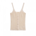 Women's Elegant Knitted Tank Top Hollow Out Sleeveless Camisole With Buttons Slim Fit Short Vest Top Creamy White For Summer Daily Wear