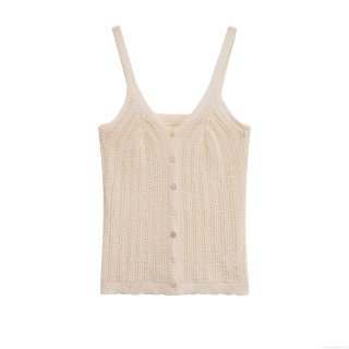 Women's Elegant Knitted Tank Top Hollow Out Sleeveless Camisole With Buttons Slim Fit Short Vest Top Creamy White For Summer Daily Wear