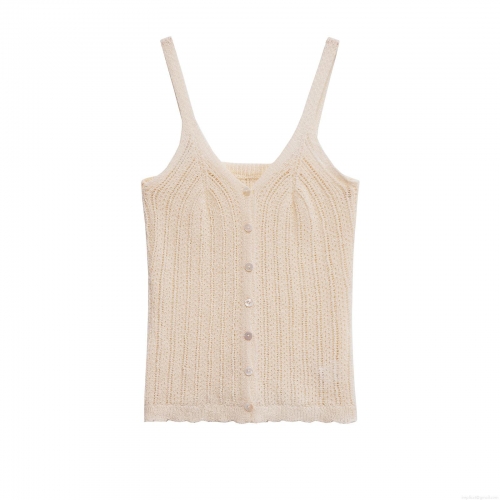 Women's Elegant Knitted Tank Top Hollow Out Sleeveless Camisole With Buttons Slim Fit Short Vest Top Creamy White For Summer Daily Wear