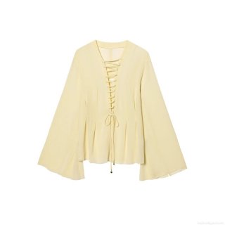 Women Chiffon Blouse Lace Up Front Deep V Neck Long Bell Sleeve Light Yellow Shirt Casual Elegant Streetwear Fashion Tops For Women