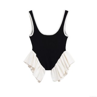 Women's Ribbed Knit Camisole Tank Top Contrast Black White Patchwork Ruffle Trim U-Neck Slim Fit Sexy Streetwear Sleeveless Bodysuit Top